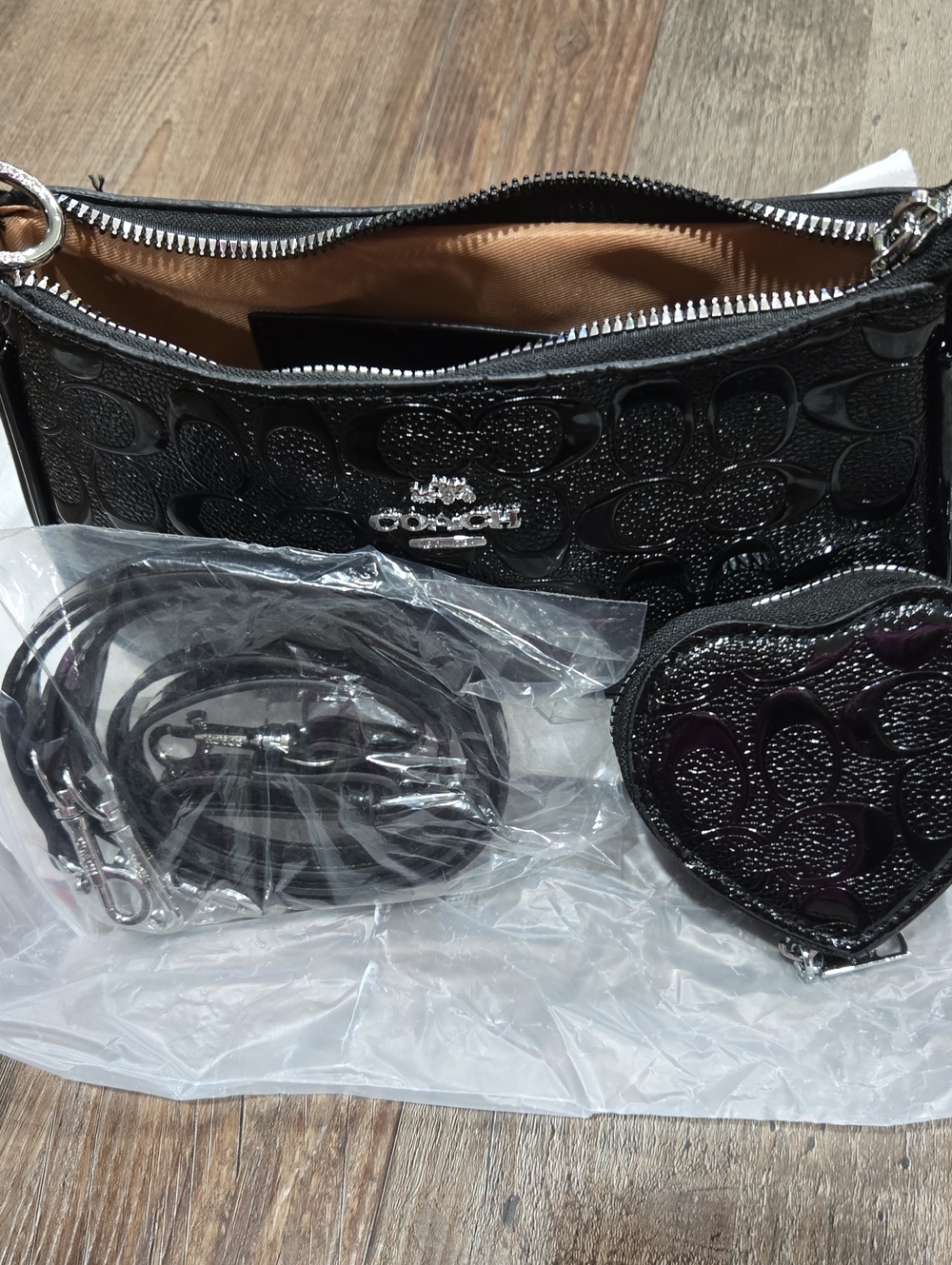 Coach Black Patent Signature Crossbody with Heart Coin Pouch